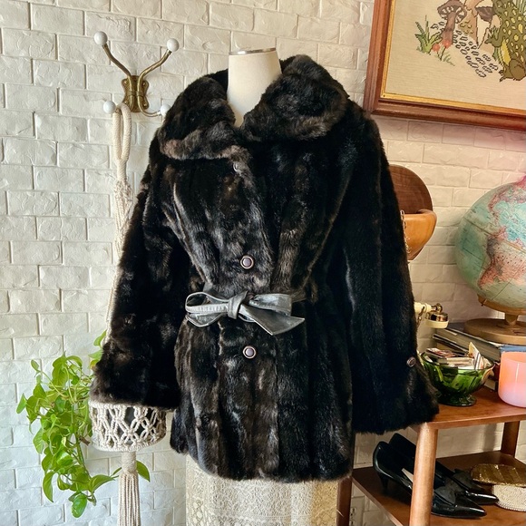 Vintage Jackets & Blazers - Vintage 50s 60s Chocolate Brown Faux Fur Coat Ornate Buttons + Leather Waist Tie